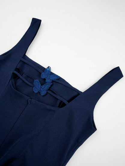 Seusyu Vestido midi elegante de mujer con cuello cuadrado, diseño plisado y sin mangas de unicolor