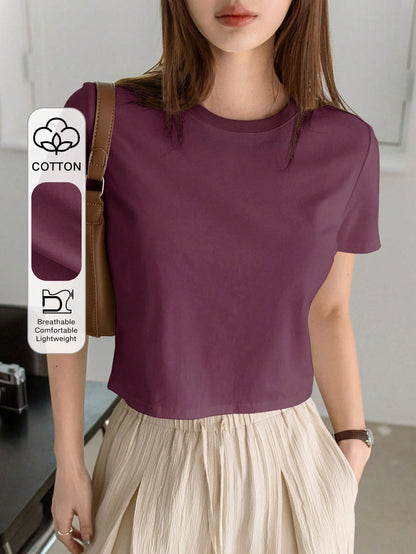 Dazy-Less Camiseta de mujer de unicolor, cuello redondo, manga corta, estilo casual de verano, estilo "Old Money", ropa casual de negocios para mujer