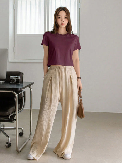 Dazy-Less Camiseta de mujer de unicolor, cuello redondo, manga corta, estilo casual de verano, estilo "Old Money", ropa casual de negocios para mujer
