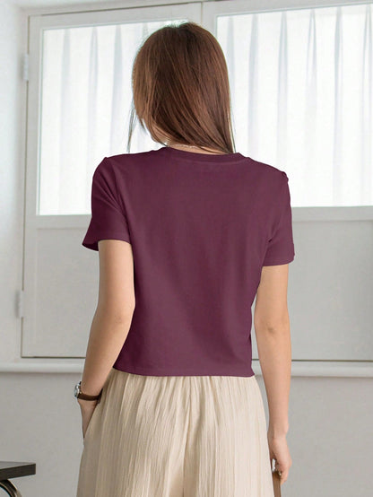 Dazy-Less Camiseta de mujer de unicolor, cuello redondo, manga corta, estilo casual de verano, estilo "Old Money", ropa casual de negocios para mujer