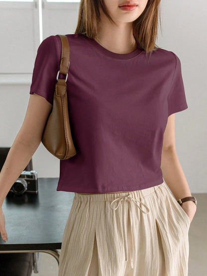 Dazy-Less Camiseta de mujer de unicolor, cuello redondo, manga corta, estilo casual de verano, estilo "Old Money", ropa casual de negocios para mujer