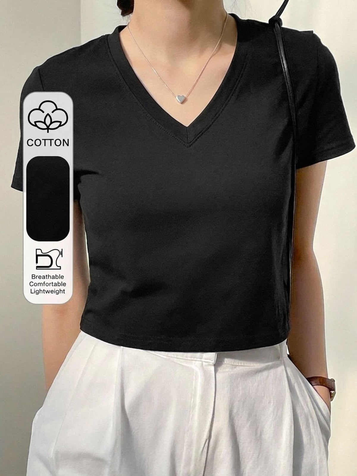 Dazy-Less Camiseta corta de cuello redondo de color sólido, tops de estilo preppy de verano, ropa casual de negocios para mujer - Negro