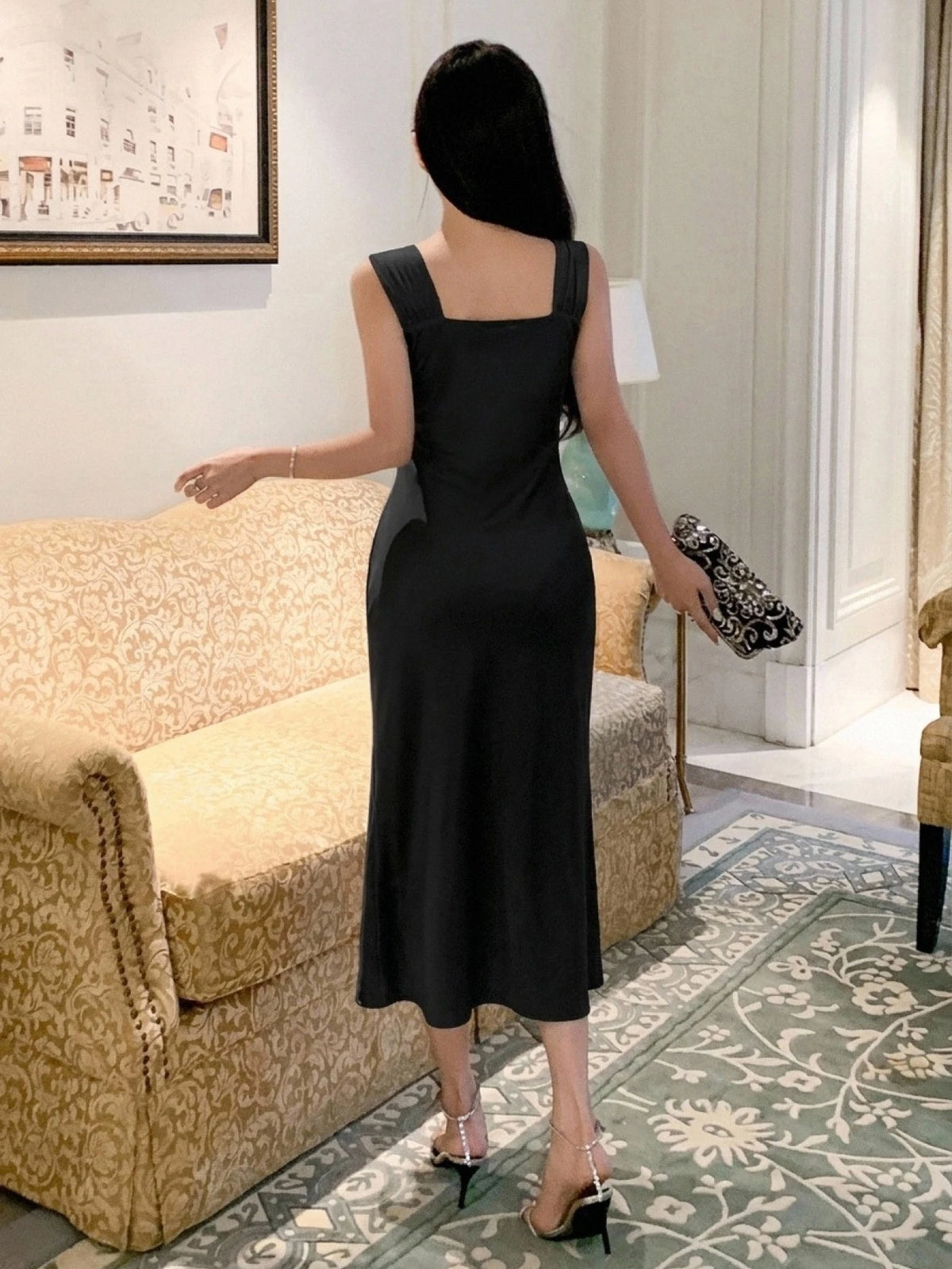 DAZY Vestido de mujer de unicolor con hombros descubiertos y malla, vestido de noche elegante de longitud media