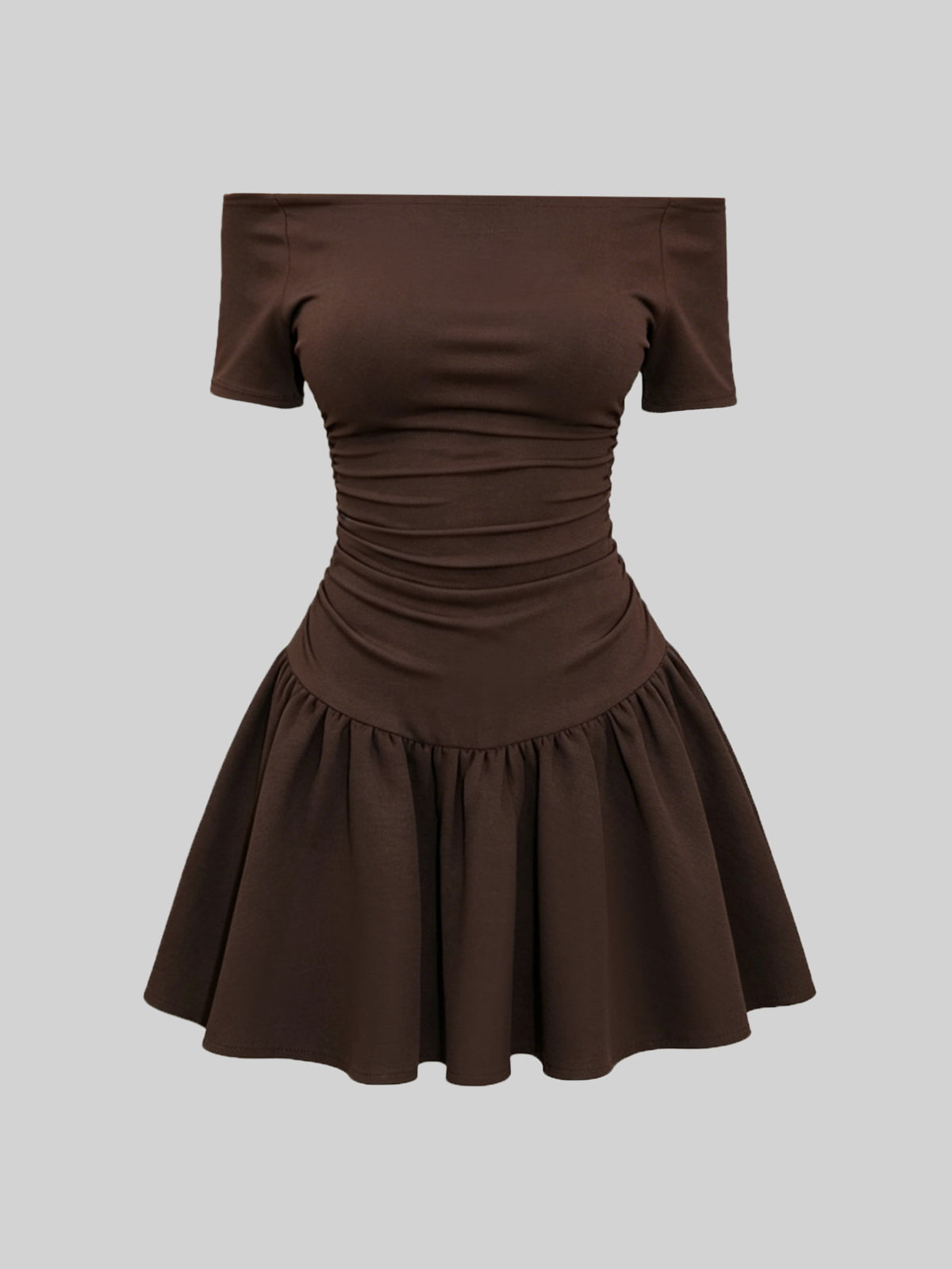 QUELARIE Vestido de moda de unicolor con hombros descubiertos, manga corta y volantes para mujer - Café integral