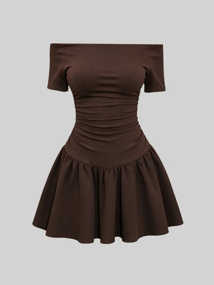 QUELARIE Vestido de moda de unicolor con hombros descubiertos, manga corta y volantes para mujer - Café integral