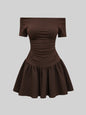 QUELARIE Vestido de moda de unicolor con hombros descubiertos, manga corta y volantes para mujer - Café integral