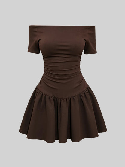 QUELARIE Vestido de moda de unicolor con hombros descubiertos, manga corta y volantes para mujer