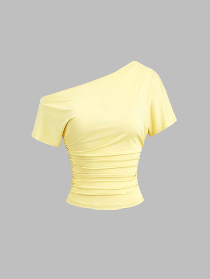 Sweetra Nueva camiseta casual de primavera/verano para mujer, de estilo elegante y de moda, con hombros asimétricos, ajuste ceñido y cómoda