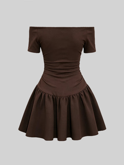 QUELARIE Vestido de moda de unicolor con hombros descubiertos, manga corta y volantes para mujer