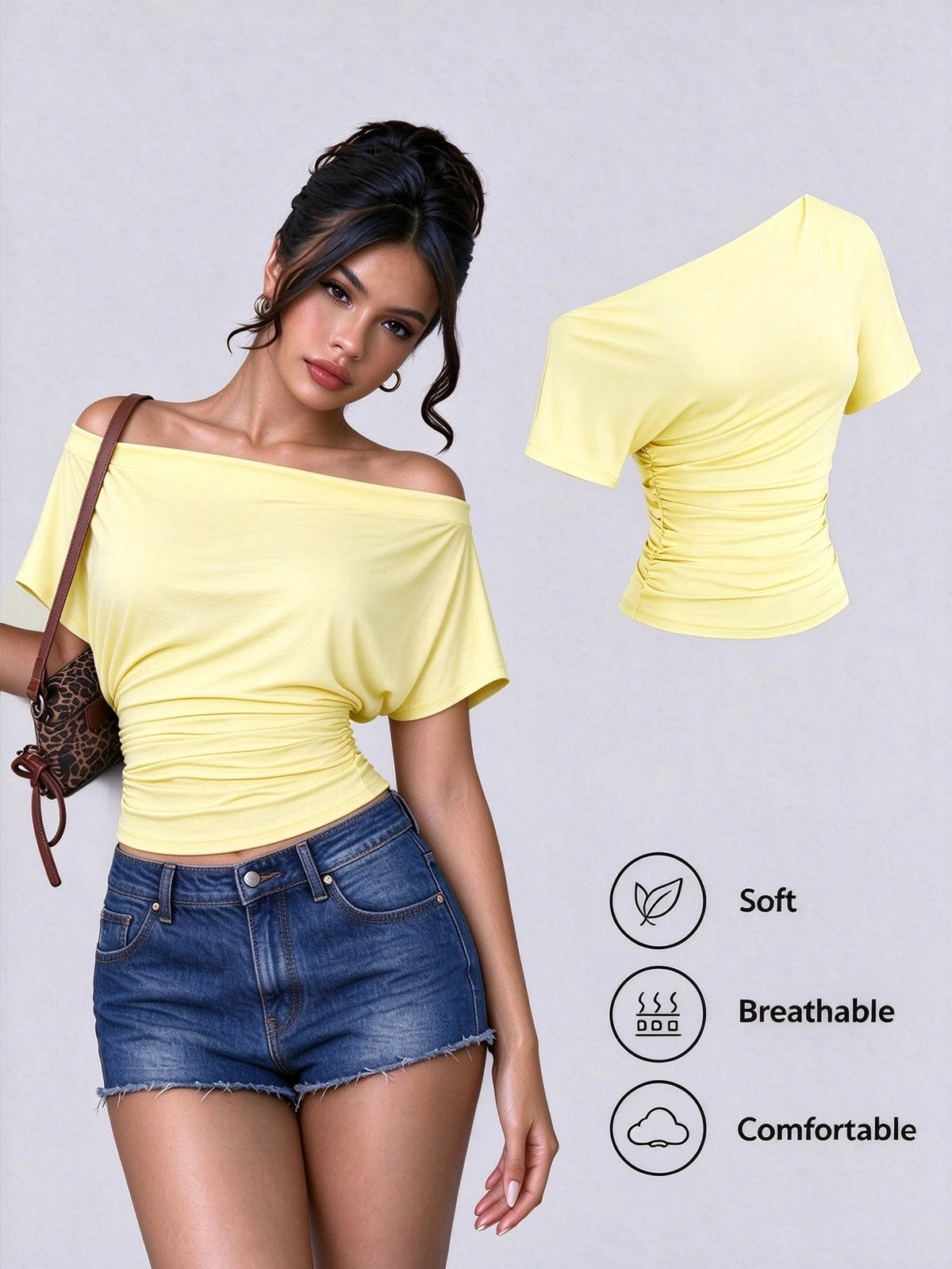 Sweetra Nueva camiseta casual de primavera/verano para mujer, de estilo elegante y de moda, con hombros asimétricos, ajuste ceñido y cómoda