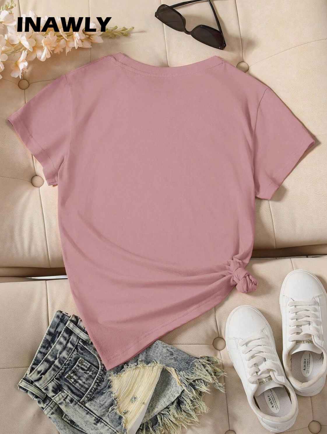 INAWLY Camiseta sencilla de mujer de manga corta y cuello redondo de unicolor, casual para uso diario