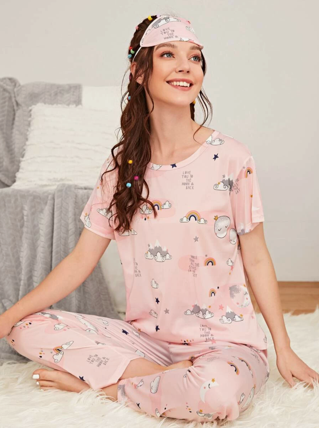 3 piezas Conjunto de pijama con gráficos de dibujos animados / Conjunto de pijama con antifaz