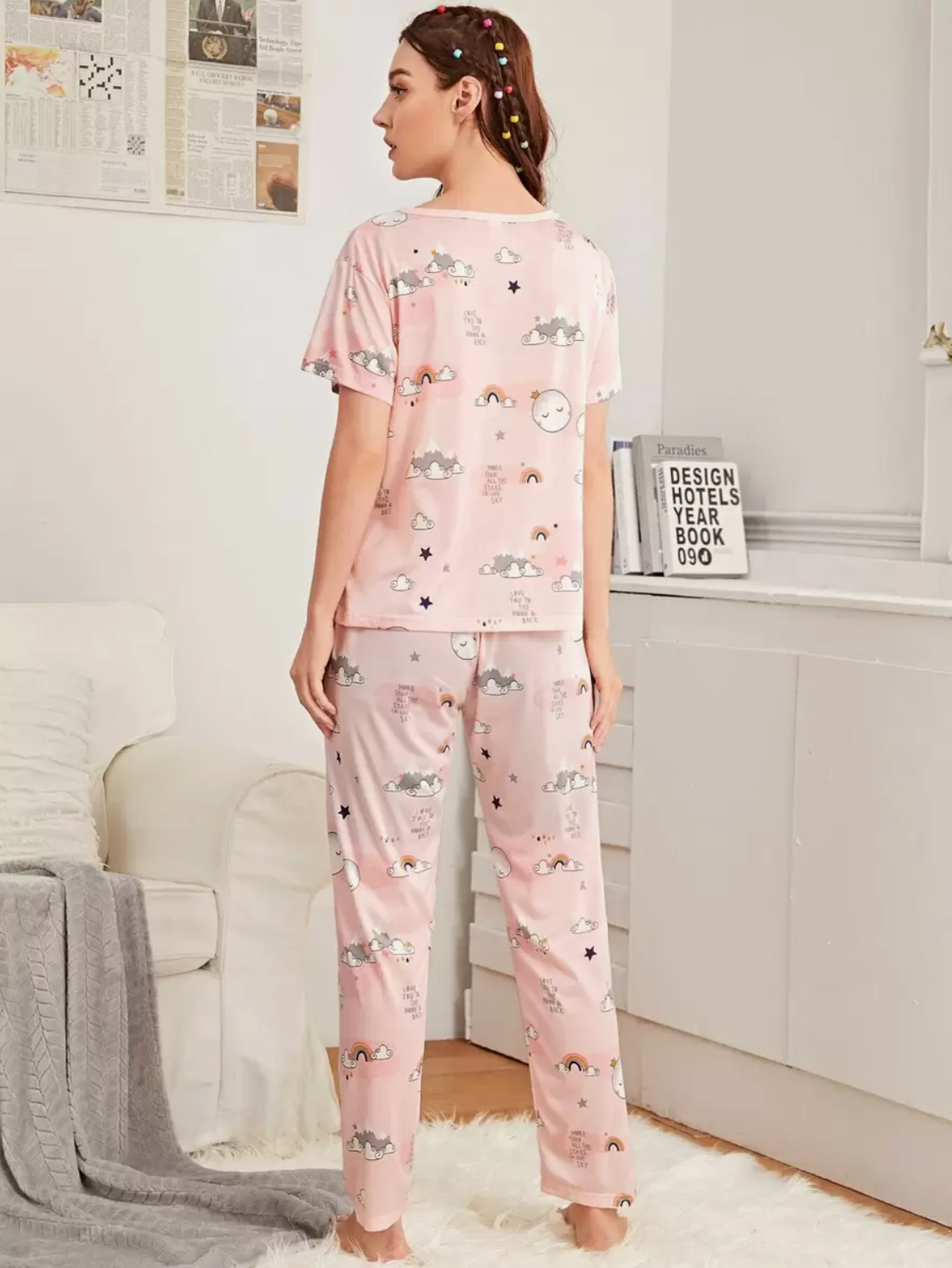 3 piezas Conjunto de pijama con gráficos de dibujos animados / Conjunto de pijama con antifaz