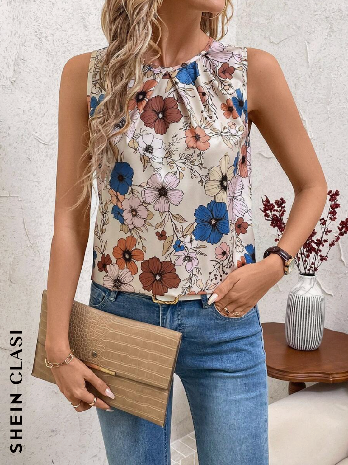 SHEIN Clasi Camisa elegante y cómoda de mujer con cuello redondo y pliegues, estampado floral pequeño, conjunto de ropa de verano para mujer