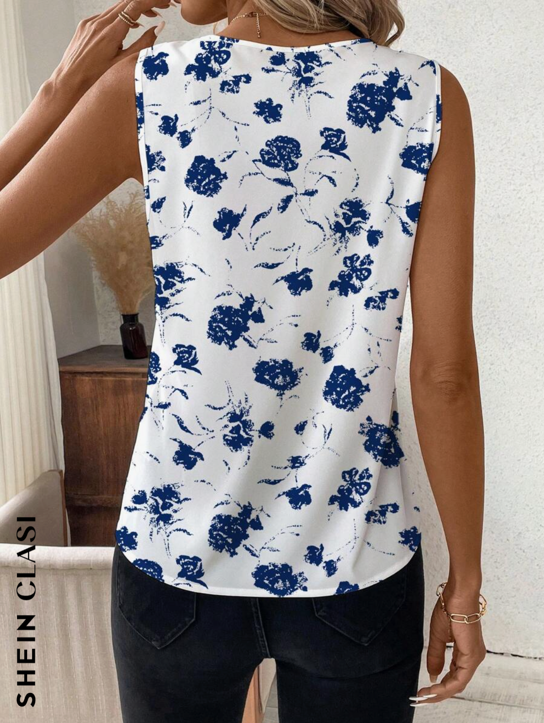 SHEIN Clasi Camisa suelta de mujer de verano con estampado floral y cuello en V sin mangas