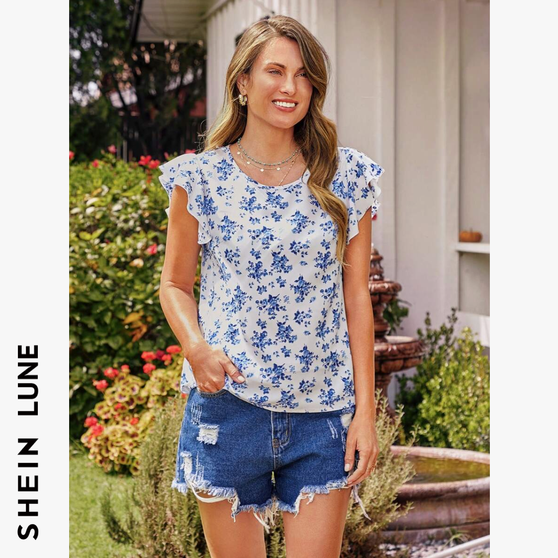 SHEIN LUNE Blusa Romántica De Manga Corta Con Cuello Redondo De Estampado De Flores Pequeñas En Azul Y Blanco Para Mujer. Verano