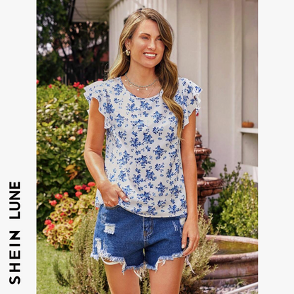 SHEIN LUNE Blusa Romántica De Manga Corta Con Cuello Redondo De Estampado De Flores Pequeñas En Azul Y Blanco Para Mujer. Verano