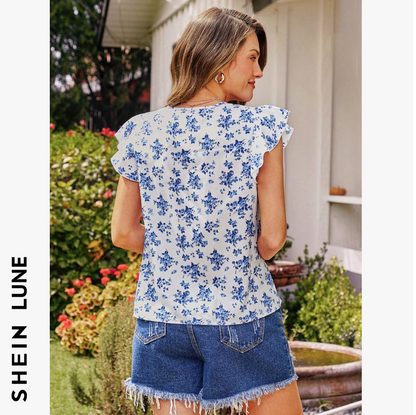 SHEIN LUNE Blusa Romántica De Manga Corta Con Cuello Redondo De Estampado De Flores Pequeñas En Azul Y Blanco Para Mujer. Verano