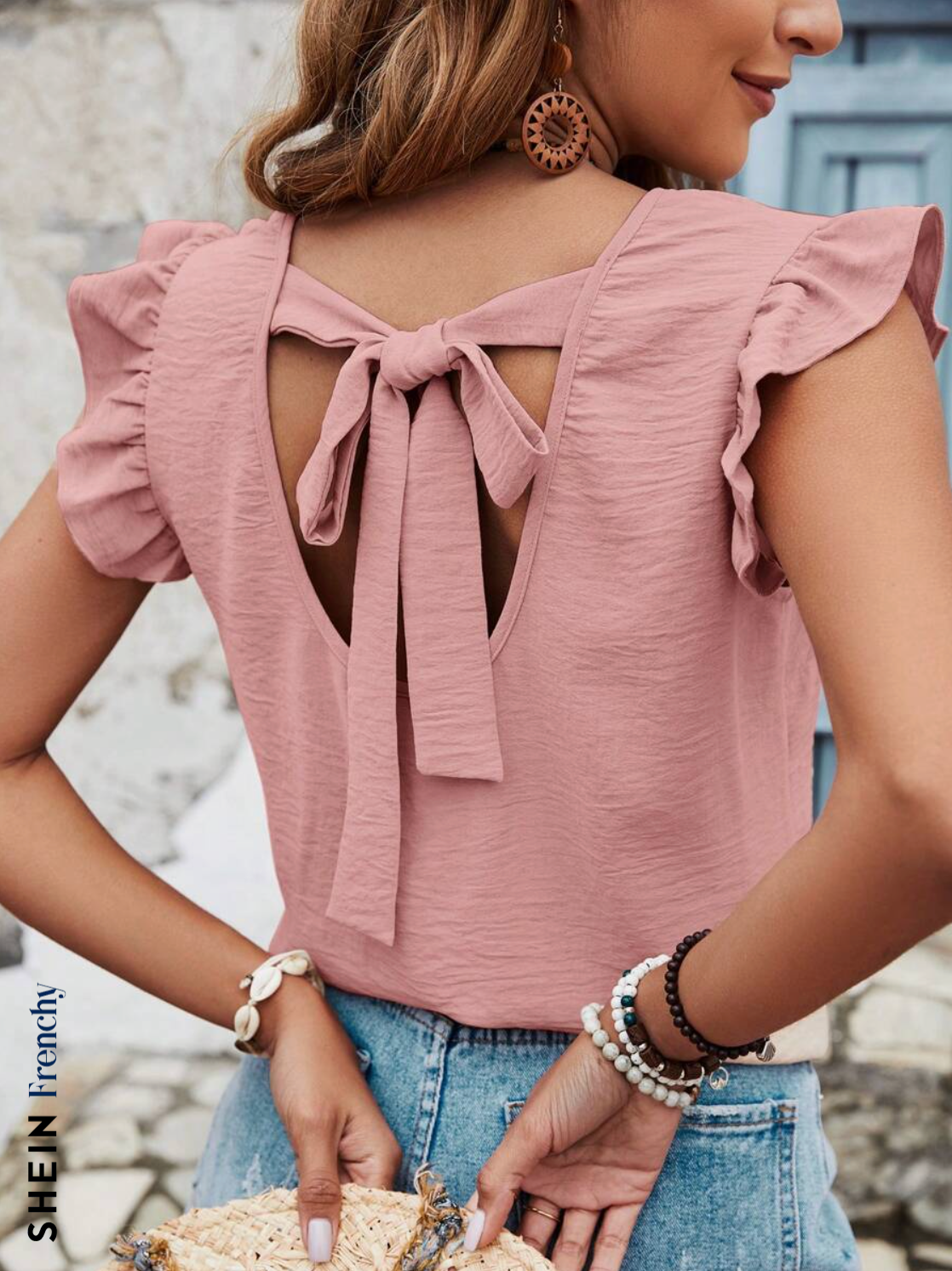 SHEIN Frenchy Blusa de tirantes cruzados en la espalda con ribete de volantes de color sólido para las vacaciones de verano de la mujer