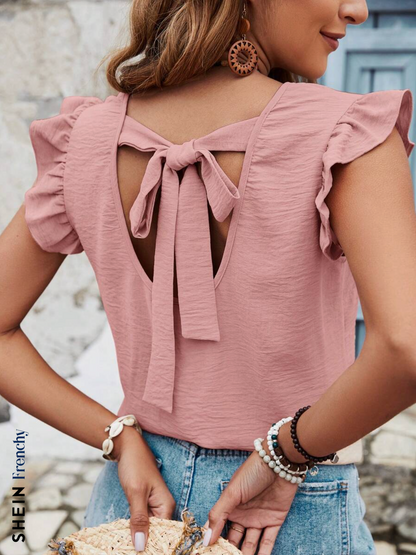 SHEIN Frenchy Blusa de tirantes cruzados en la espalda con ribete de volantes de color sólido para las vacaciones de verano de la mujer