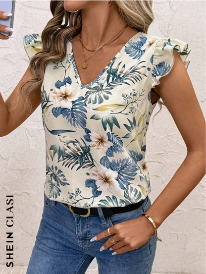 SHEIN Clasi Blusa suelta con manga corta, escote en V y estampado floral elegante para mujer, para primavera/verano