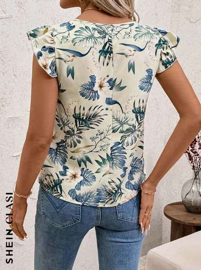 SHEIN Clasi Blusa suelta con manga corta, escote en V y estampado floral elegante para mujer, para primavera/verano