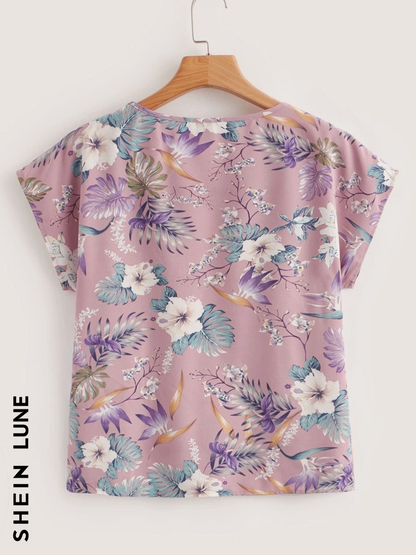 SHEIN LUNE Top de manga murciélago con estampado tropical