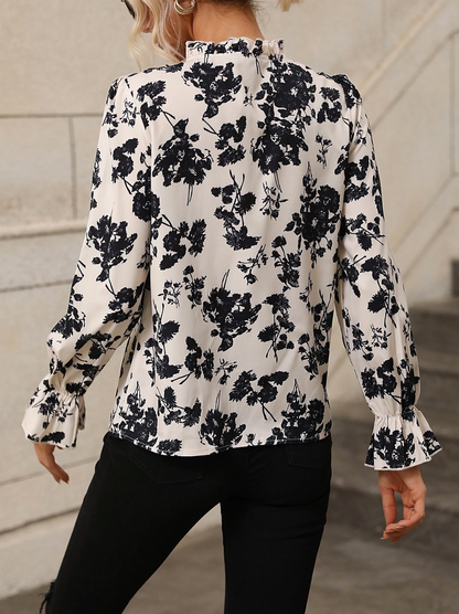 SHEIN Clasi Blusa con estampado floral de cuello con cordón de manga con volante