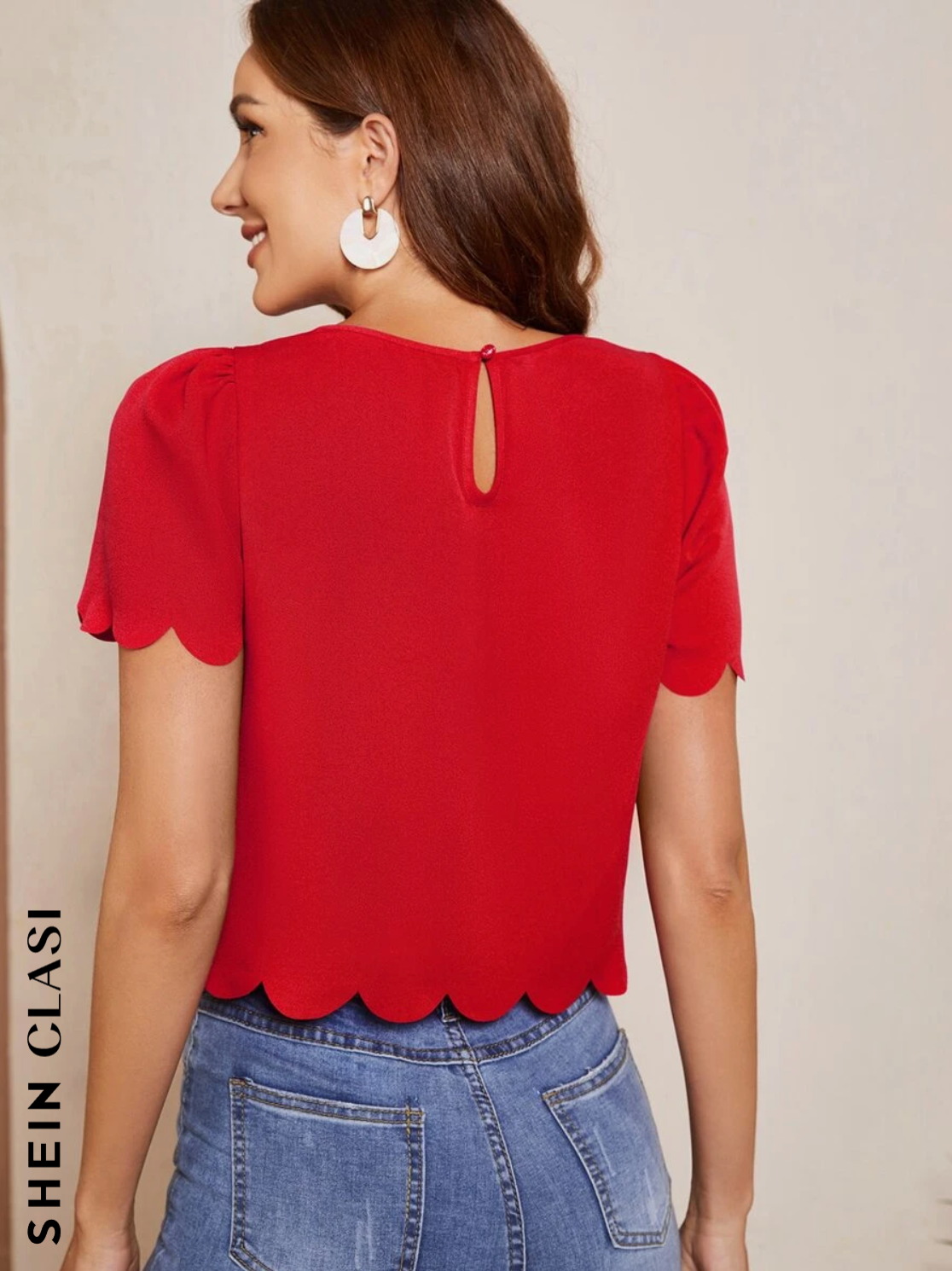 SHEIN Clasi Blusa con apertura en la espalda, mangas abullonadas y ribete de forma de concha, Blusas de manga corta