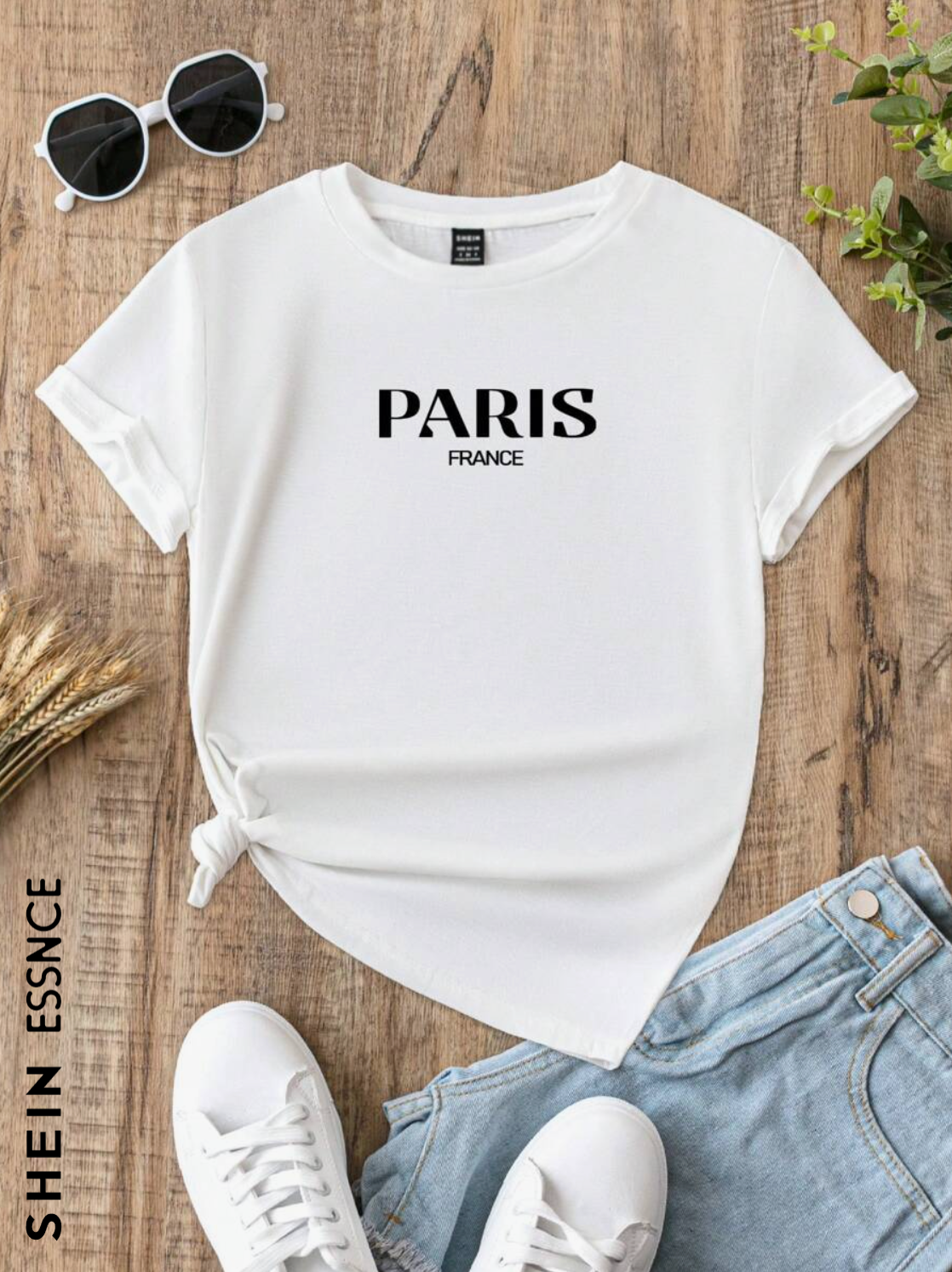 SHEIN Essnce Camiseta de mujer de manga corta y cuello redondo con estampado gráfico de letra "Paris" de ajuste holgado, apropiada para el verano