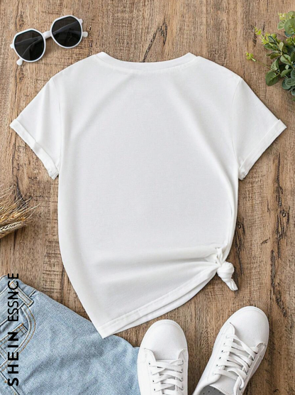 SHEIN Essnce Camiseta de mujer de manga corta y cuello redondo con estampado gráfico de letra "Paris" de ajuste holgado, apropiada para el verano