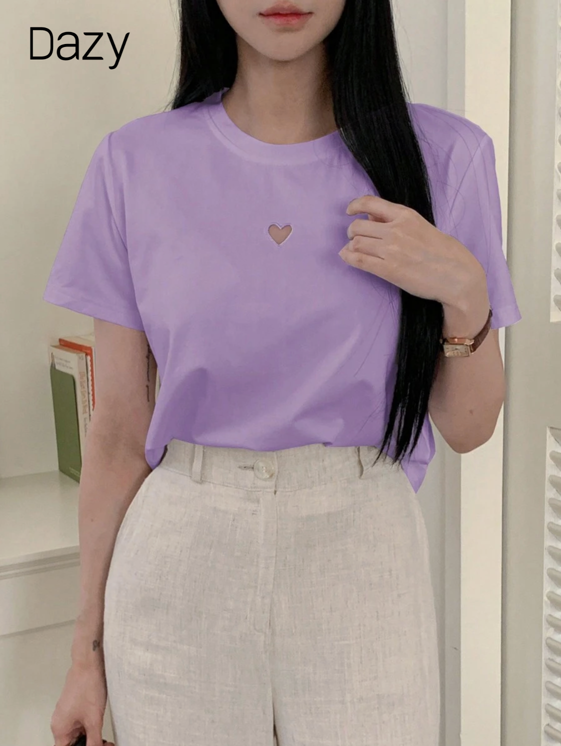 DAZY Camiseta de manga corta de mujer informal de unicolor con corazón hueco