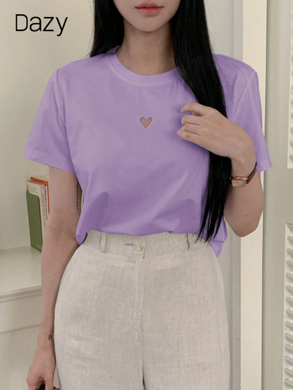 DAZY Camiseta de manga corta de mujer informal de unicolor con corazón hueco