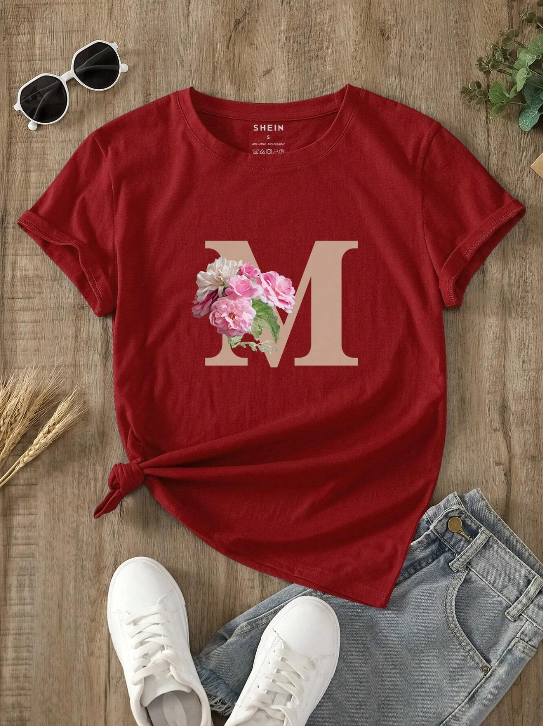 INAWLY Camiseta con estampado floral con letra