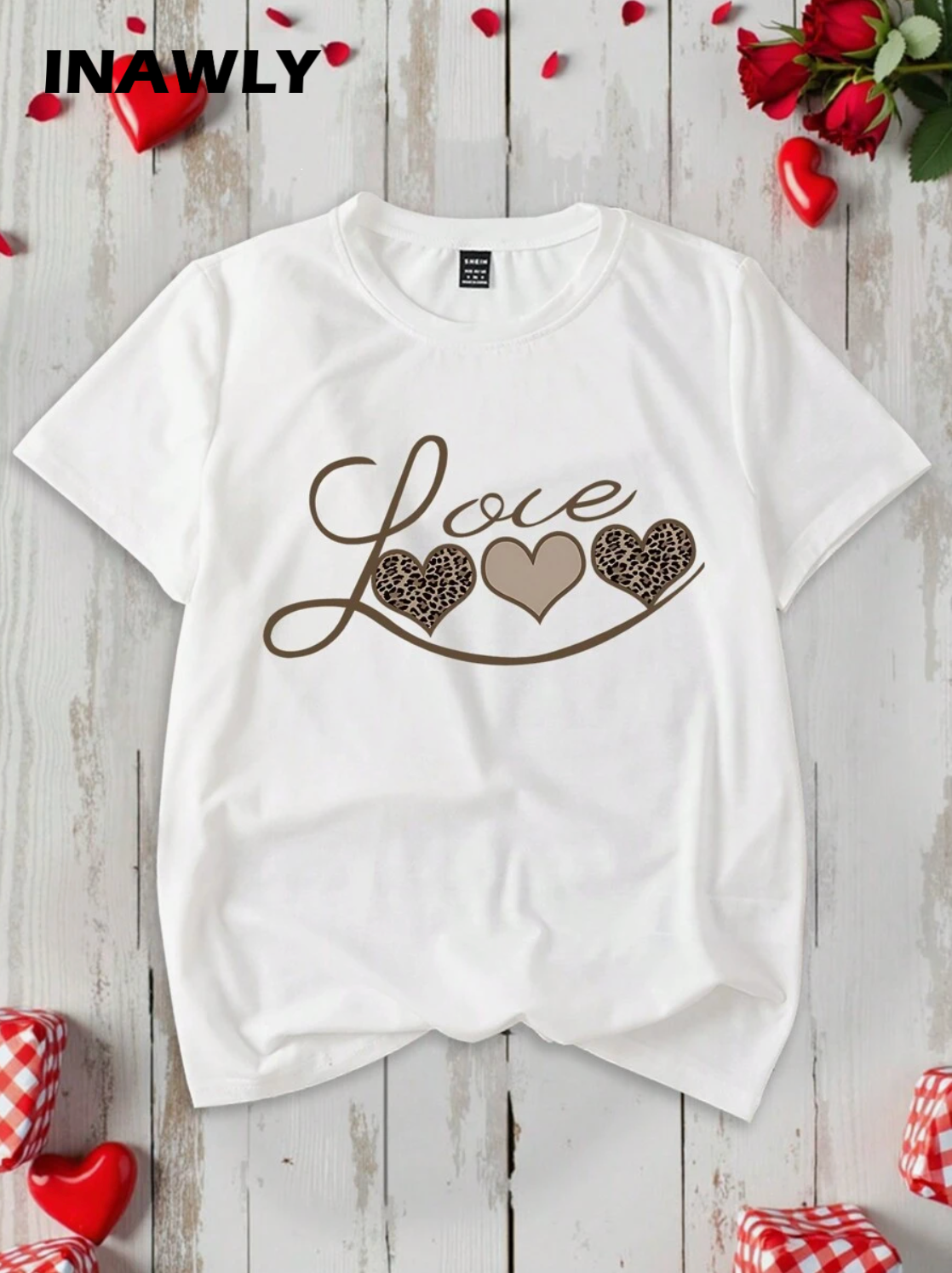 INAWLY Camiseta de manga corta con estampado de leopardo y corazones para mujer, conjunto de atuendo casual para el Día de San Valentín con tops con estampado de guepardo