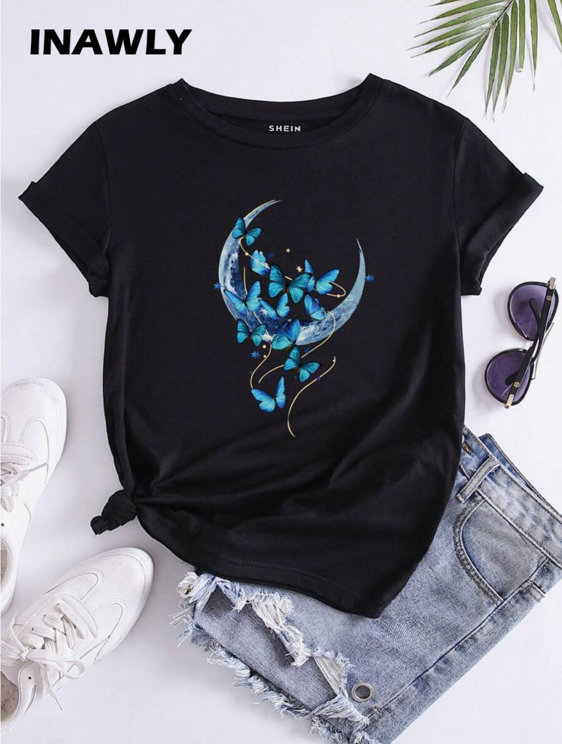 INAWLY Camiseta luna con con estampado de mariposa