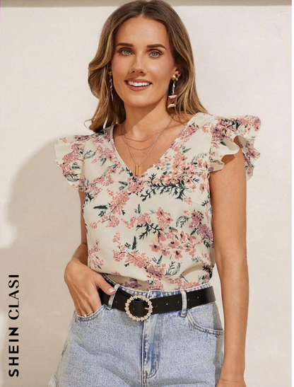 SHEIN Clasi Blusa casual de manga corta con estampado floral para mujer, ideal para el verano