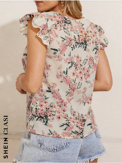 SHEIN Clasi Blusa casual de manga corta con estampado floral para mujer, ideal para el verano