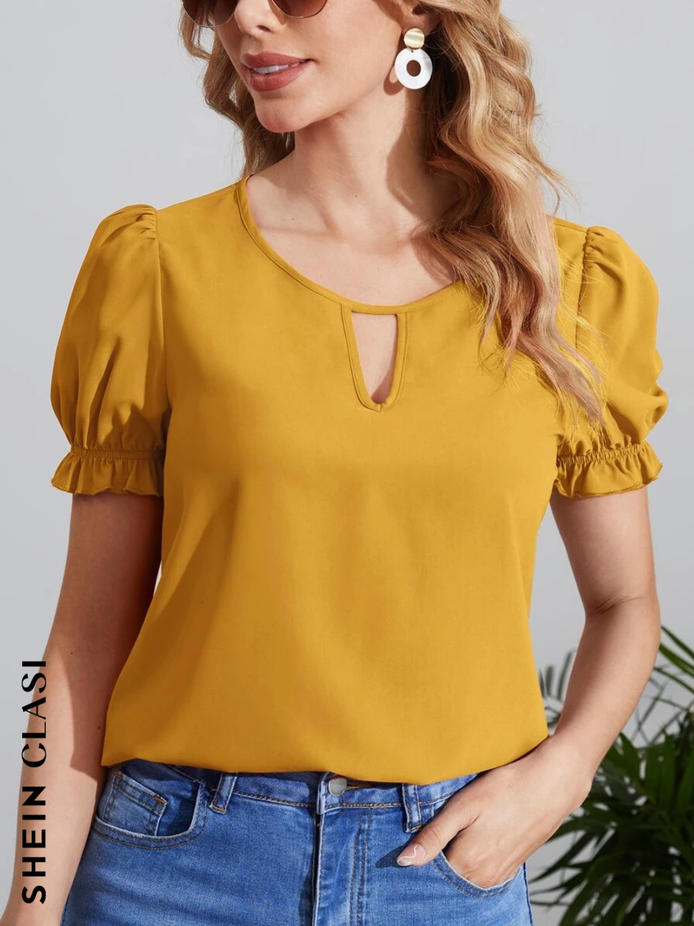 SHEIN Clasi Blusa de cuello con abertura de ojo de manga farol