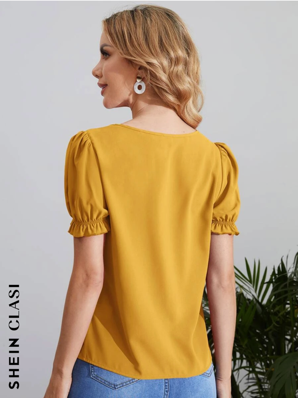 SHEIN Clasi Blusa de cuello con abertura de ojo de manga farol