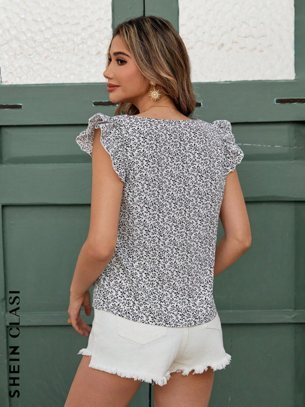 SHEIN Clasi Camisa casual con escote en V y volantes estampados, minimalista y de moda para uso diario