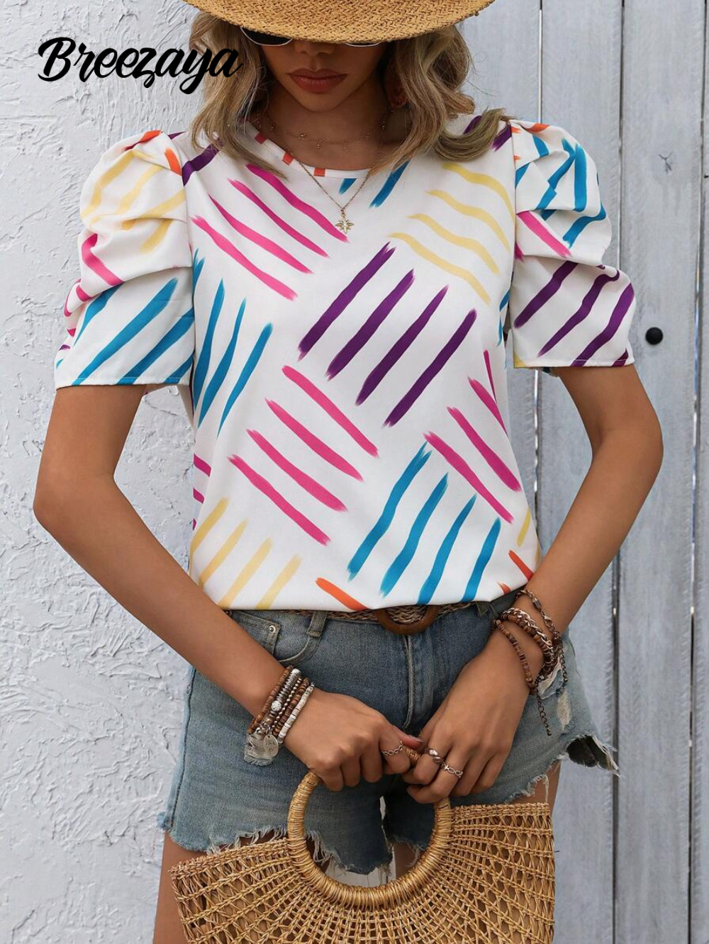 Breezaya Camiseta De Verano Para Mujer Con Mangas Cortas Y Cuello Redondo Con Estampado Al Azar En Toda La Prenda