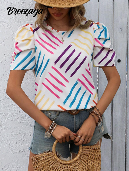 Breezaya Camiseta De Verano Para Mujer Con Mangas Cortas Y Cuello Redondo Con Estampado Al Azar En Toda La Prenda