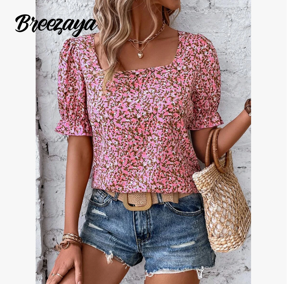 Breezaya Blusa con cuello cuadrado y mangas abultadas con estampado floral de margaritas, blusas de manga corta