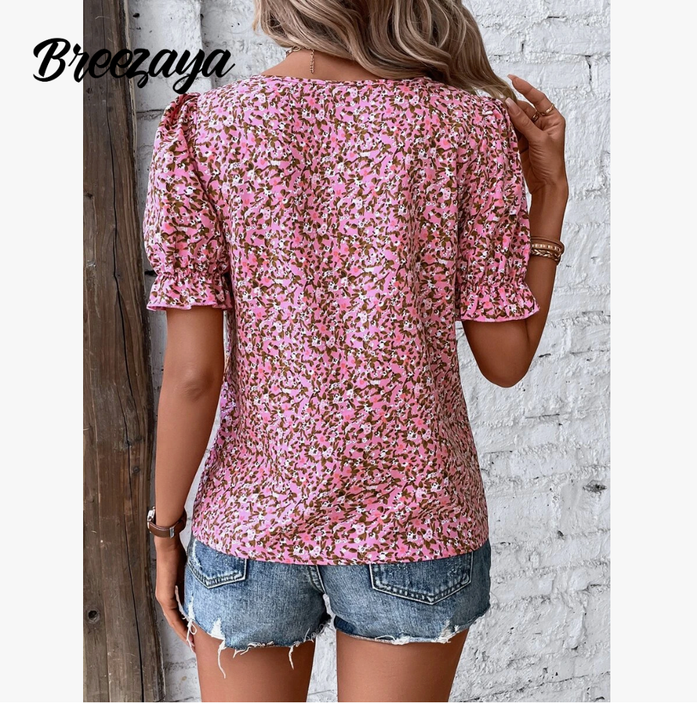 Breezaya Blusa con cuello cuadrado y mangas abultadas con estampado floral de margaritas, blusas de manga corta