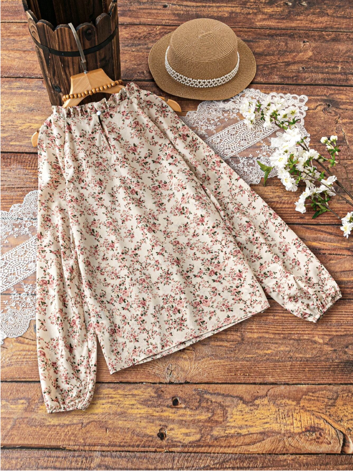 Franclia Camisa casual de hombro abierto para mujer con mangas de linterna y estampado floral pequeño, para primavera/verano