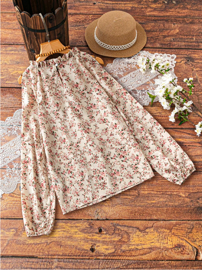 Franclia Camisa casual de hombro abierto para mujer con mangas de linterna y estampado floral pequeño, para primavera/verano