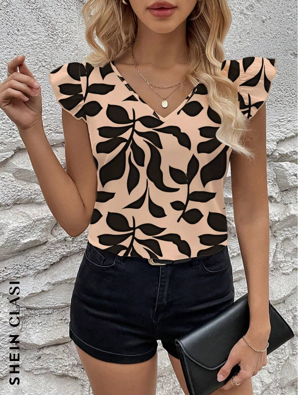 SHEIN Clasi Blusa de mujer con mangas tipo gorro y estampado de plantas