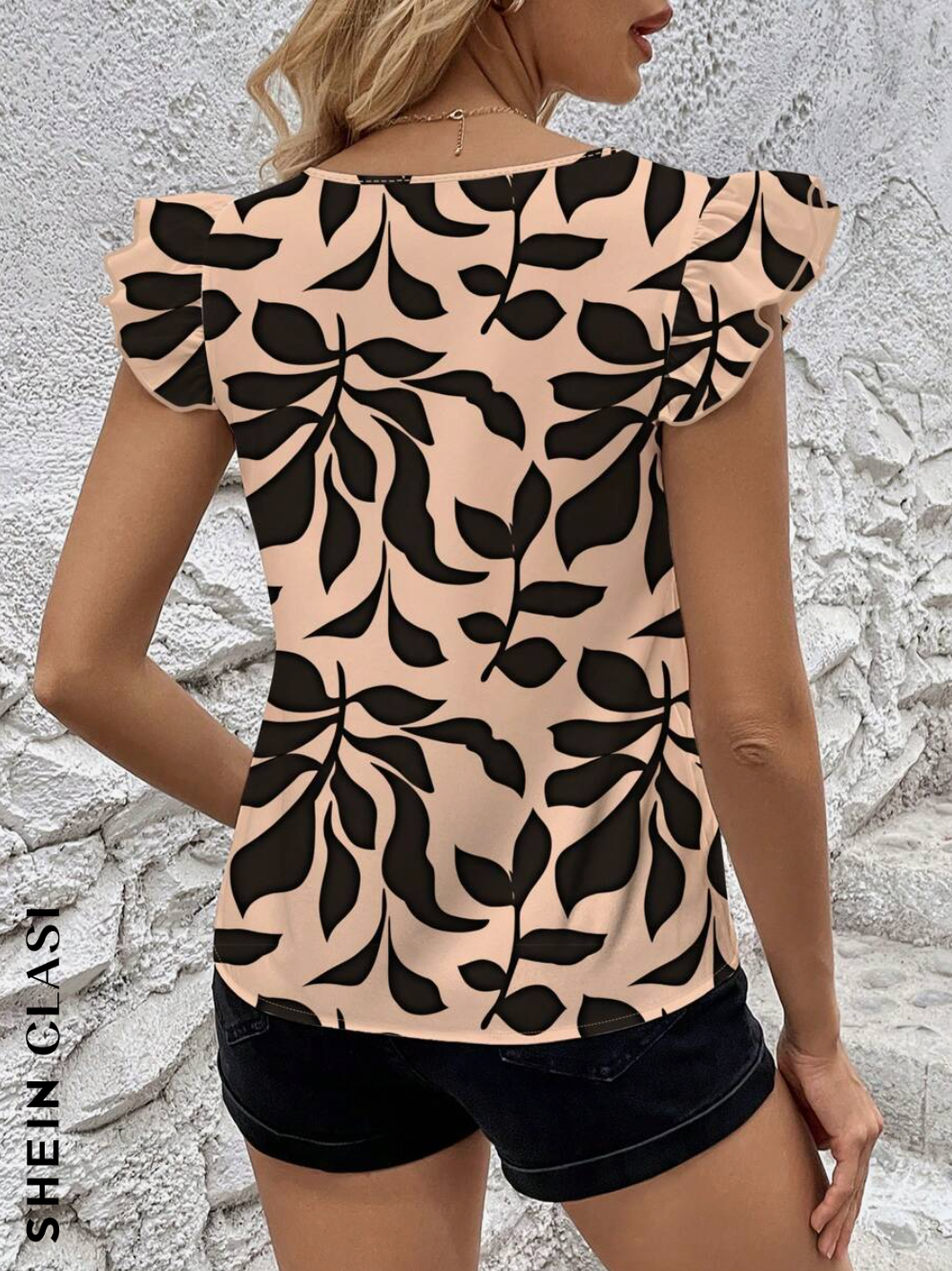 SHEIN Clasi Blusa de mujer con mangas tipo gorro y estampado de plantas