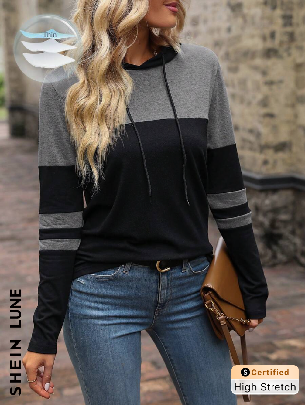 SHEIN LUNE Sudadera con capucha con cordón y bloques de color, sudadera con capucha de manga larga regular de ajuste regular en colores varios para mujer, para primavera/otoño, tops de manga larga